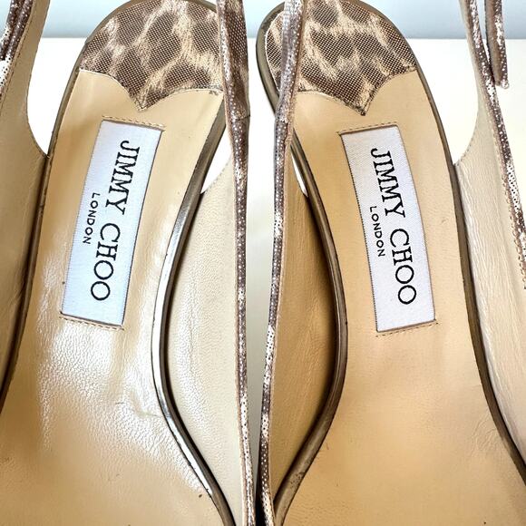 Jimmy Choo Nova Leopard Print Gold Shimmer Leather Slingback Pumps Size 38 - Picture 6 of 16